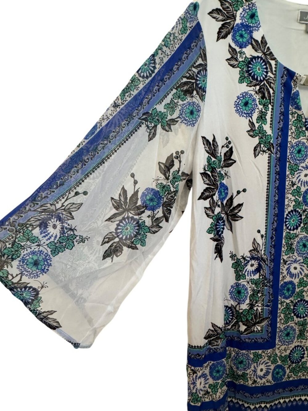 JM Collection Womens 1X White Blue & Green Floral Print Sheer Sleeve Top - Picture 5 of 5